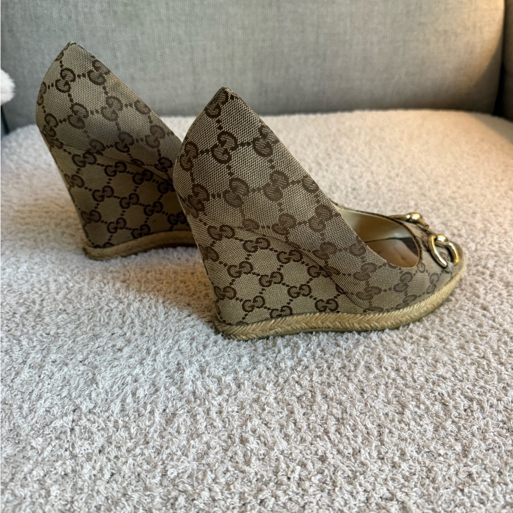 Gucci Brown Monogram Peep-Toe Wedge Espadrilles - Picture 7 of 12